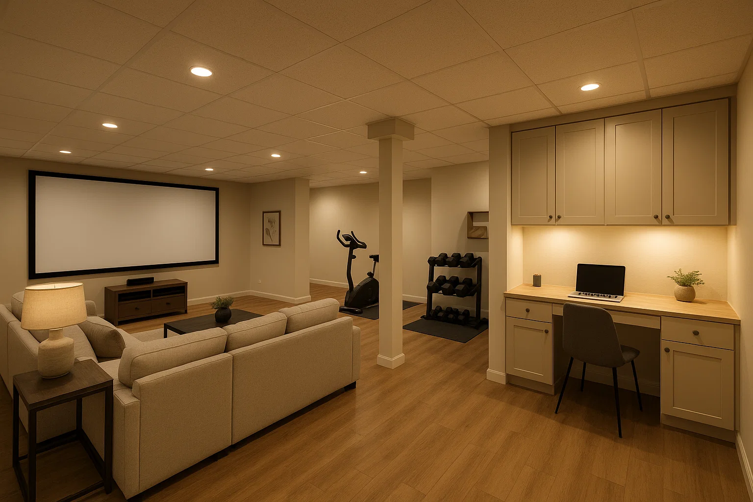 Modern basement renovation showcasing multi-functional space