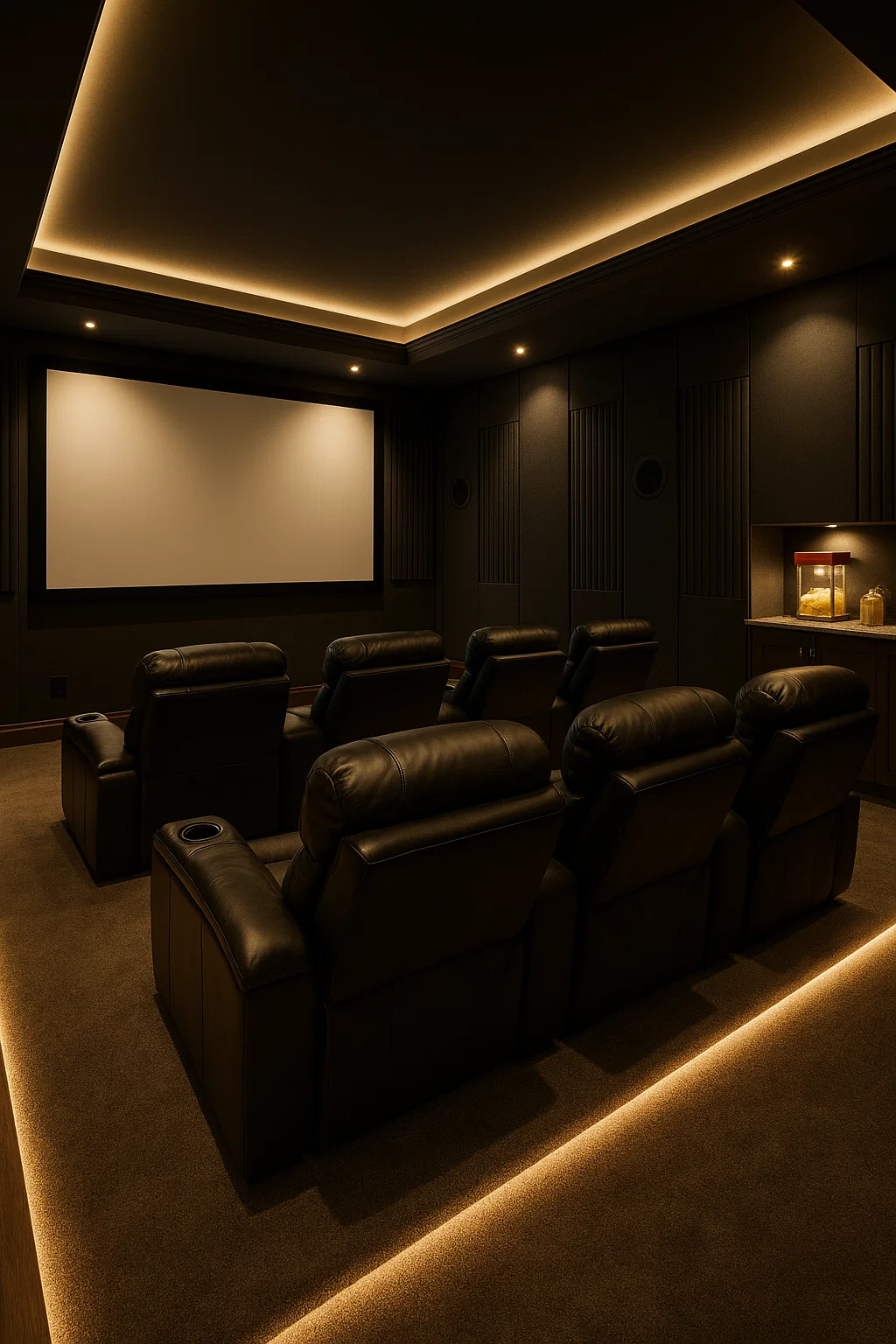 Home theater basement with tiered seating Home theater basement with tiered seating